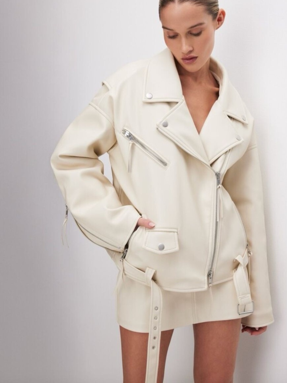 Good American Boyfriend Oversized Moto Jacket Cloud White Size S/M